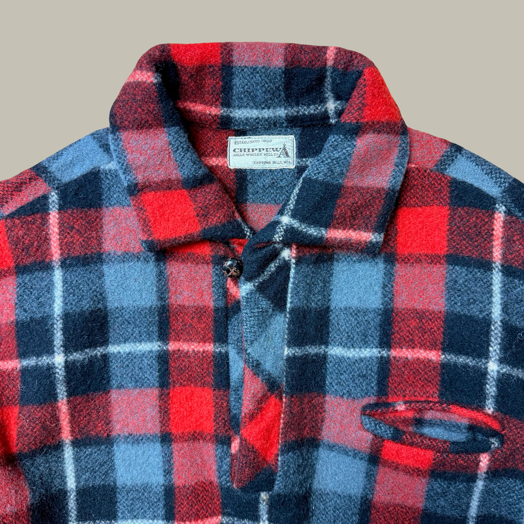 CHIPPEWA FALLS WOOLEN MILL RED BUFFALO PLAID WOOL PULLOVER CIRCA EARLY 1960S