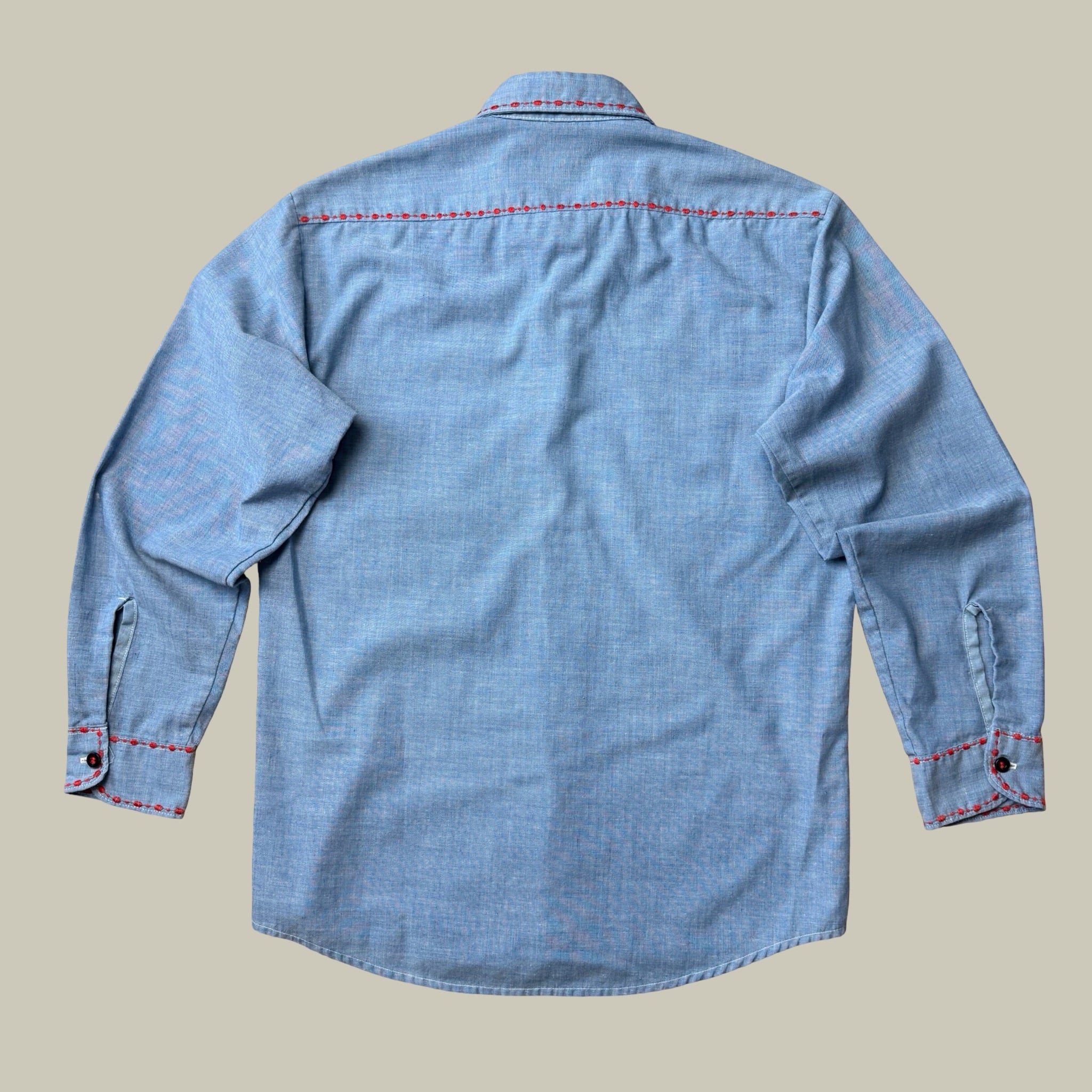 CHAMBRAY WESTERN WORK SHIRT WITH RED CONTRAST STITCHING CIRCA EARLY 1970S