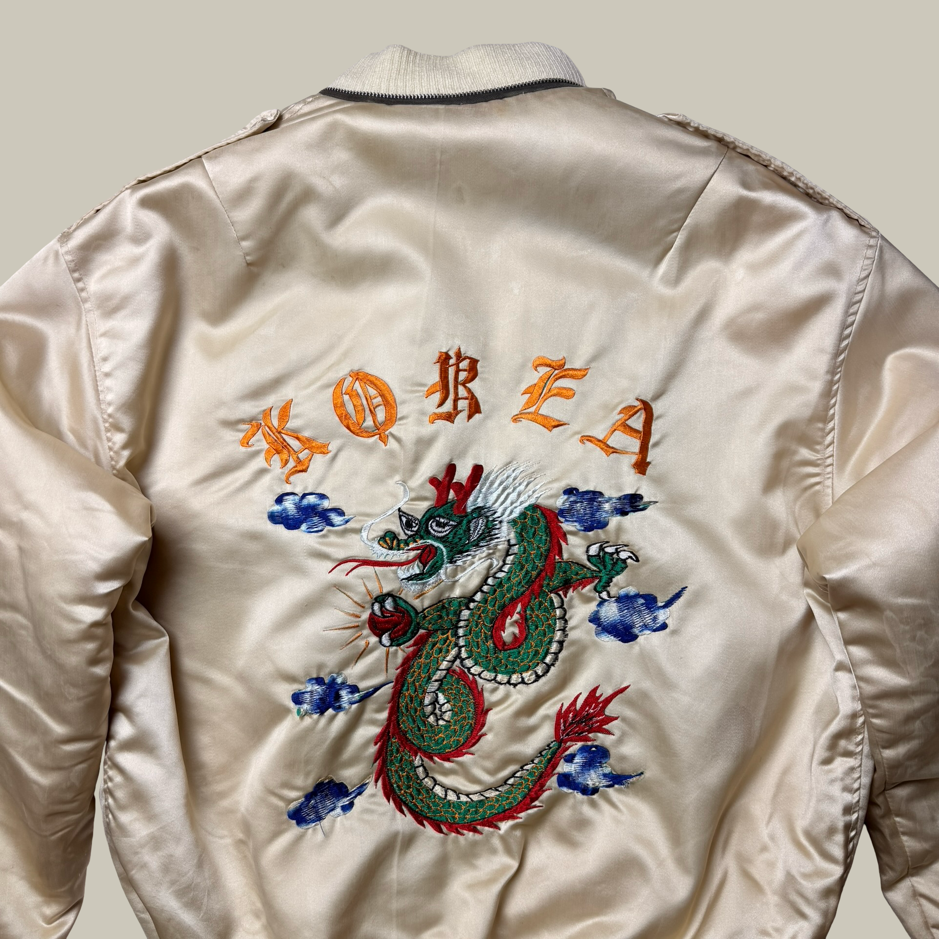 VINTAGE SILK SUKAJAN DRAGON EMBROIDERED BOMBER JACKET (C. LATE 1950s–1960s)