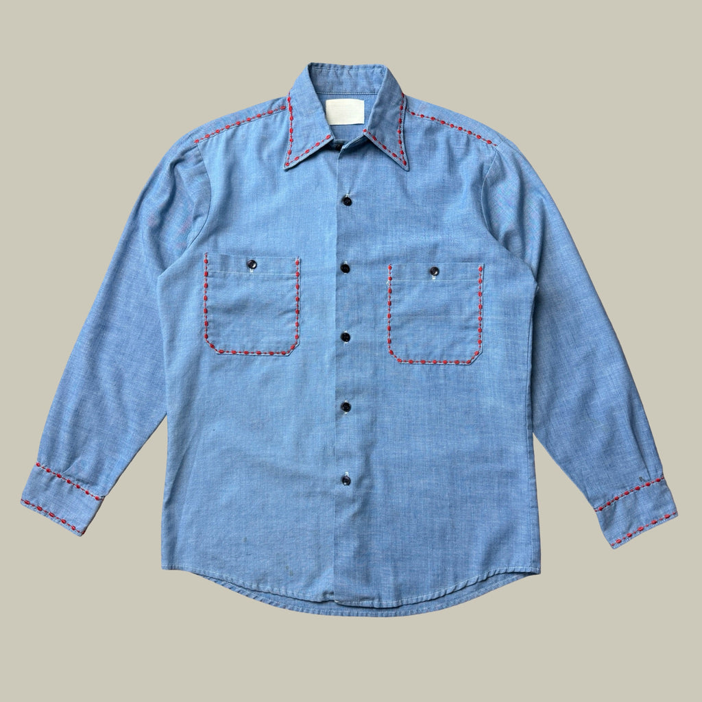 CHAMBRAY WESTERN WORK SHIRT WITH RED CONTRAST STITCHING CIRCA EARLY 1970S