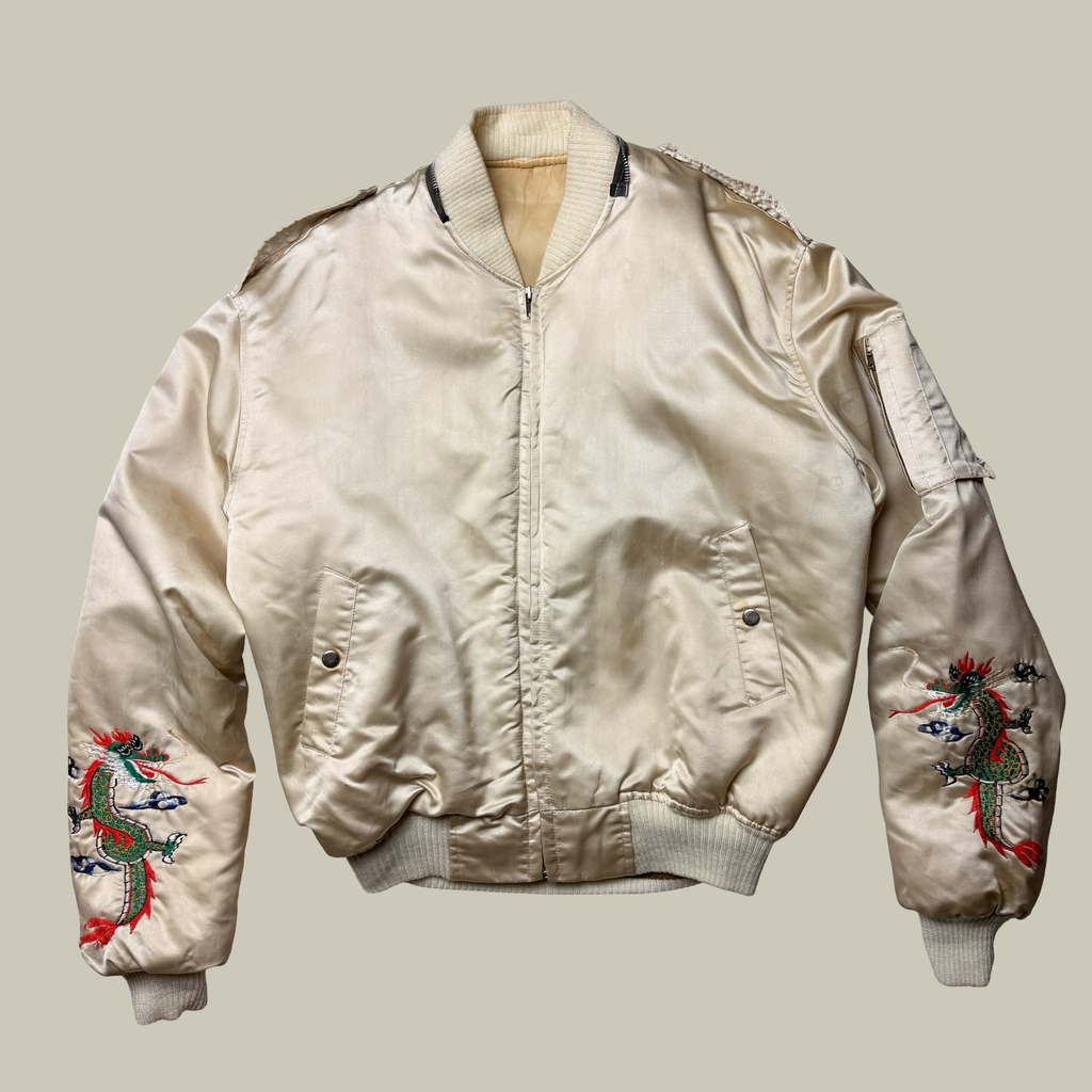 VINTAGE SILK SUKAJAN DRAGON EMBROIDERED BOMBER JACKET (C. LATE 1950s–1960s)