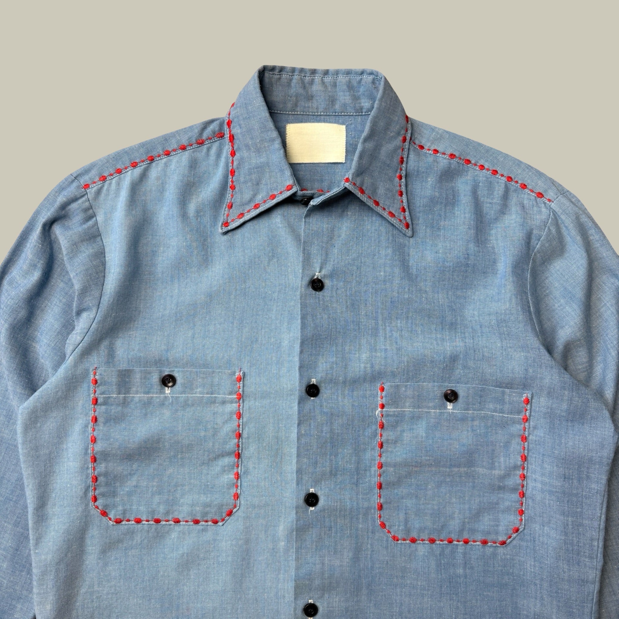 CHAMBRAY WESTERN WORK SHIRT WITH RED CONTRAST STITCHING CIRCA EARLY 1970S