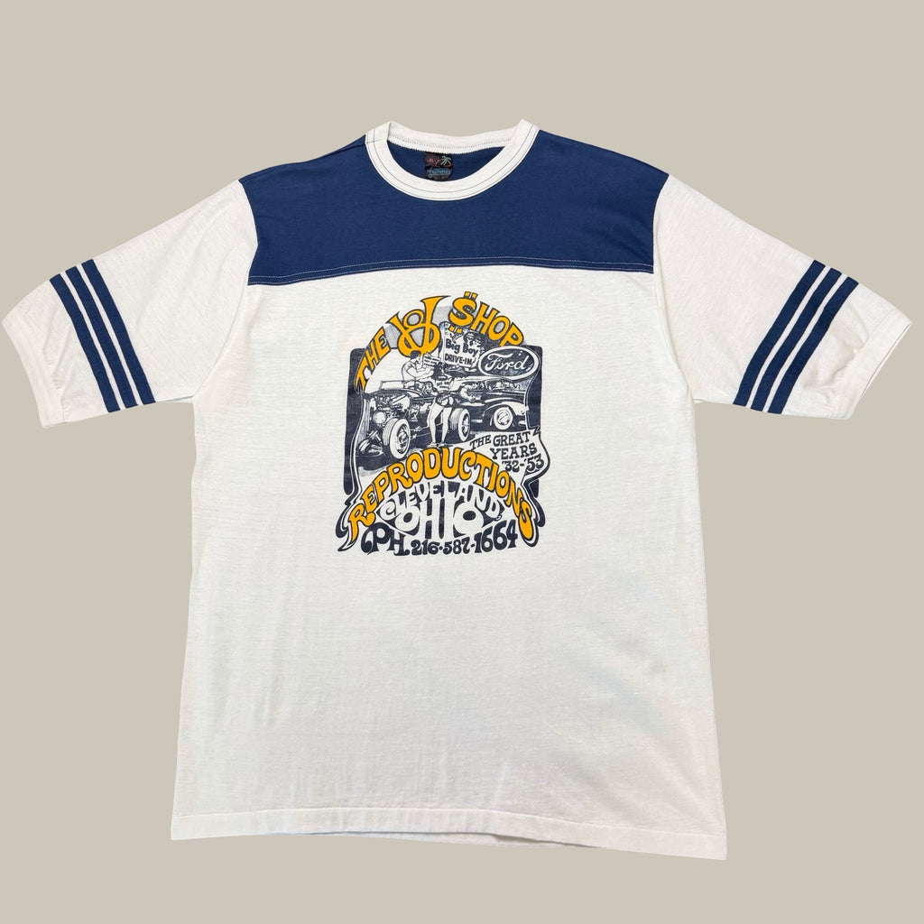 THE OLD SHOPPE REPRODUCTIONS AUTOMOTIVE RINGER T-SHIRT · CIRCA 1980S