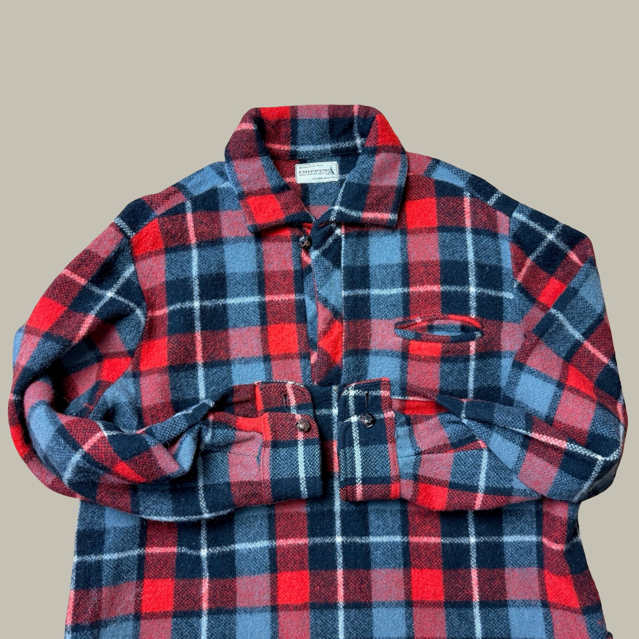 CHIPPEWA FALLS WOOLEN MILL RED BUFFALO PLAID WOOL PULLOVER CIRCA EARLY 1960S